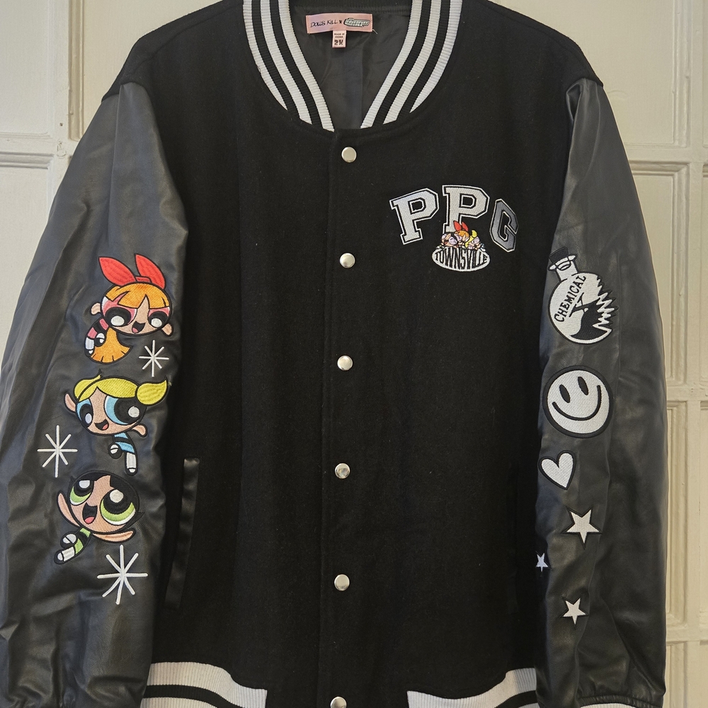 Dolls Kill Black Bomber Jacket with Cartoon Graphics